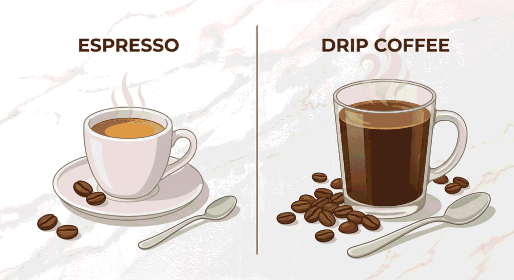 A clean, illustrated side-by-side comparison of espresso and drip coffee on white marble. Left side shows 'ESPRESSO' in a crema-topped demitasse with saucer, two beans, and a spoon. Right side shows 'DRIP COFFEE' in a large glass mug with a pile of beans and steam, emphasizing serving size differences.