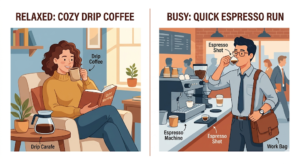 A side-by-side visual comparison showing a small steaming espresso cup on a saucer and a large steaming glass drip coffee mug, illustrating distinct serving sizes and presentations on a marble surface.
