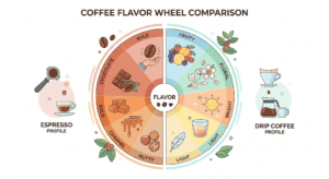 Flavor wheel contrasting the bold, chocolate, nutty, and caramel profile of espresso with the bright, fruity, light, and floral notes of drip coffee.