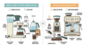 Diagram comparing a simple home drip coffee maker and kettle setup with a more complex espresso machine, burr grinder, and tamper setup.