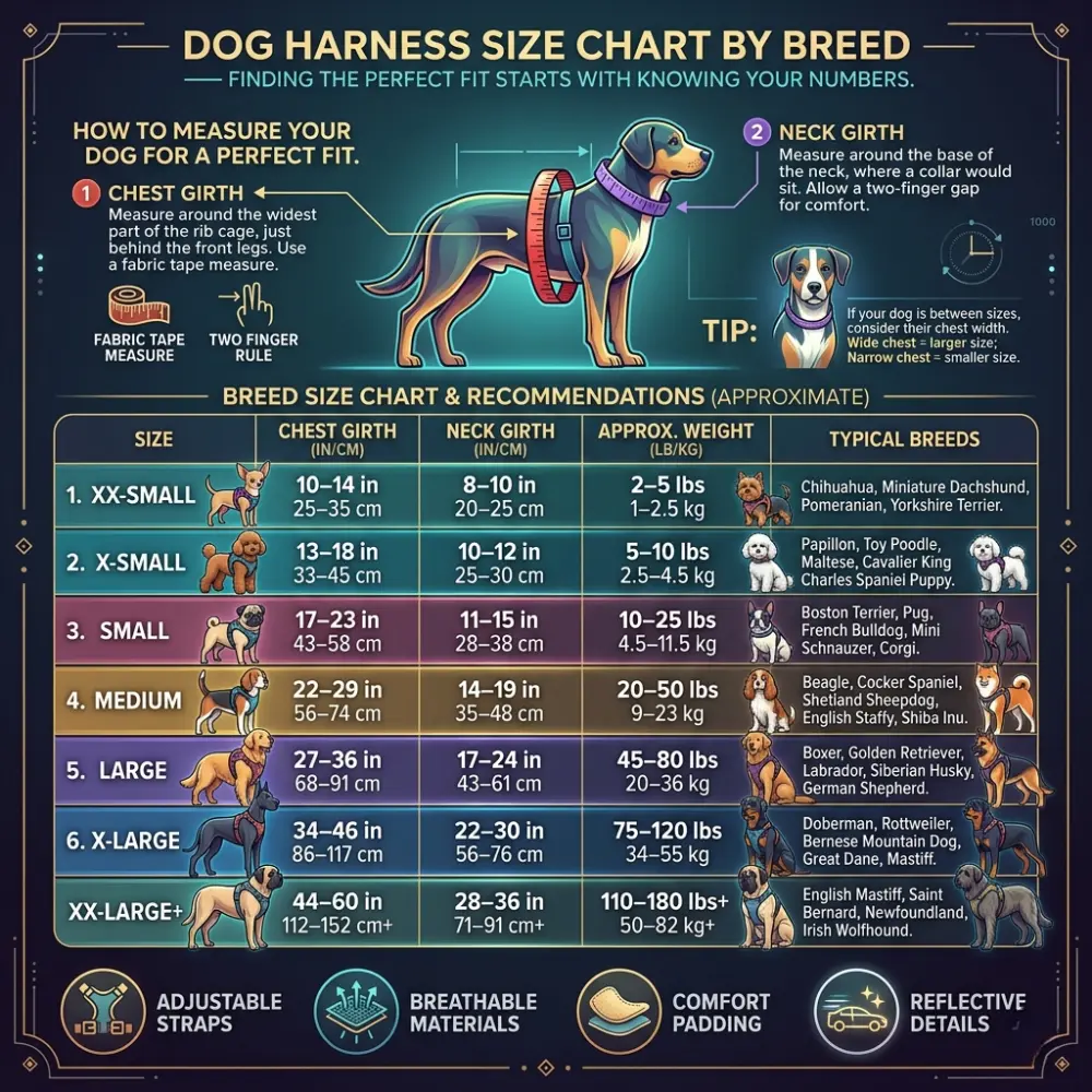 Dog Harness Size Chart by Breed