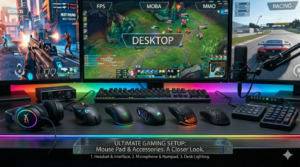 Gaming setup with mouse pad and accessories