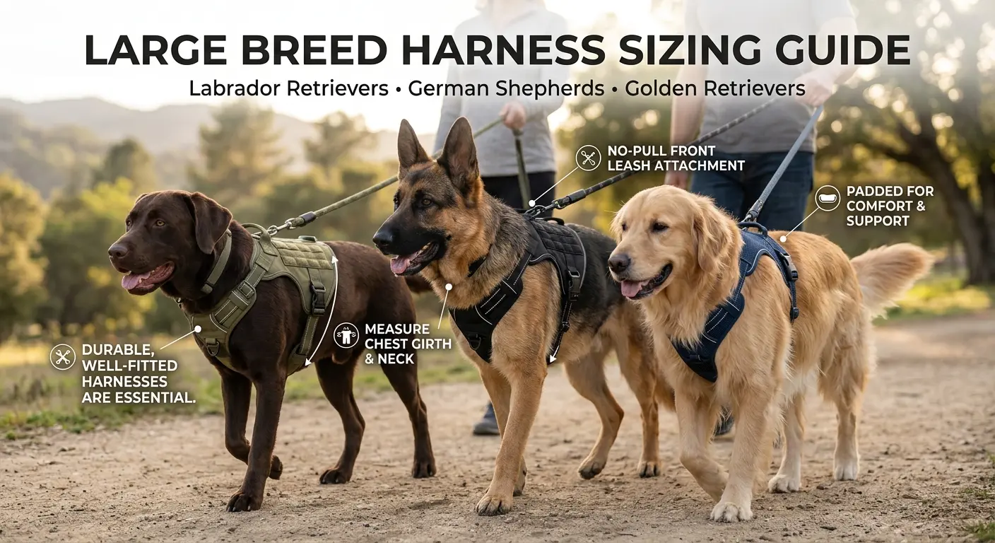 Large breed harness sizing Labrador Retrievers, German Shepherds, and Golden Retrievers need durable, well-fitted harnesses.