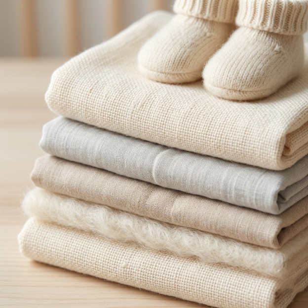 Close-up of a baby wearing a blue cotton romper.