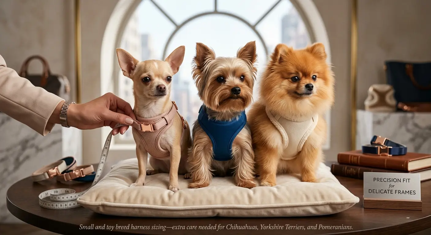 Small and toy breed harness sizing — extra care needed for Chihuahuas, Yorkshire Terriers, and Pomeranians.