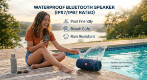 Speaker-near-swimming-pool-with-water-splash 