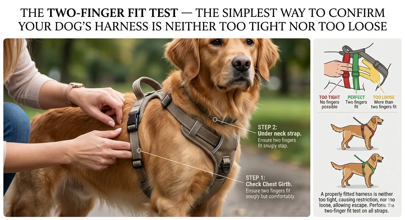 The two-finger fit test — the simplest way to confirm

your dog's harness is neither too tight nor too loose.