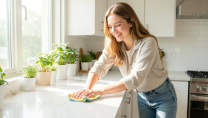 How to keep kitchen clean daily – woman following 15-minute daily kitchen cleaning routine