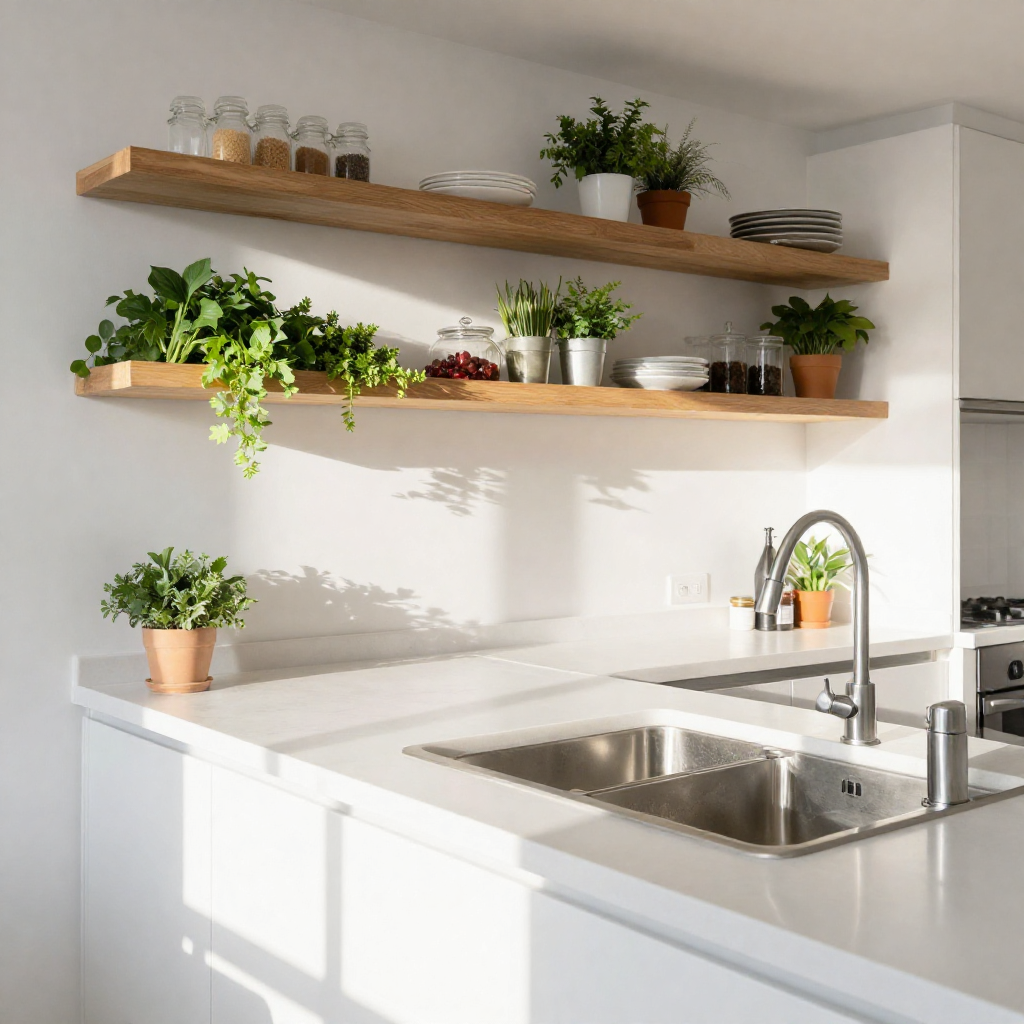 How to keep kitchen clean daily – bright modern kitchen with spotless counters and organized shelves after 15-minute routine