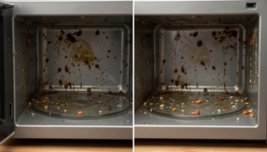 Dirty microwave before cleaning with lemon method