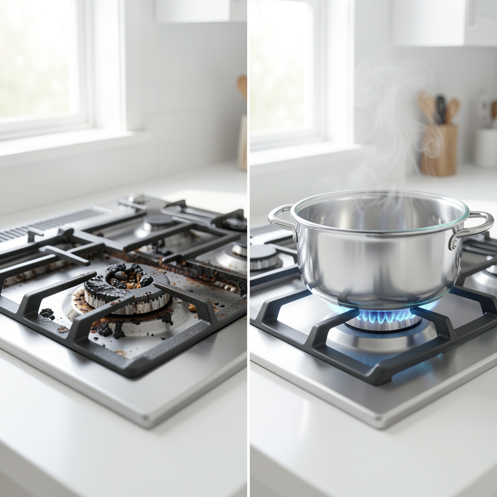 Professional before and after split image of a gas stove burner: left side dirty with heavy grease and burnt residue, right side sparkling clean with bright blue flame and a pot on top. Modern kitchen setting, bright lighting, realistic photography style, high detail
