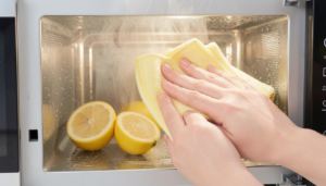 Wiping microwave after lemon cleaning – easy natural method