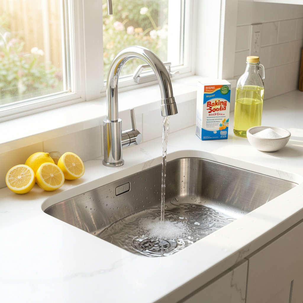 Best way to clean kitchen sink drain naturally at home with baking soda, vinegar and fresh lemons