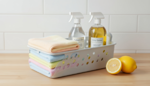 How to keep kitchen clean daily – essential cleaning tools and supplies organized in a caddy for quick 15-minute routine
