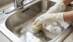 how to clean kitchen sink with vinegar scrubbing process