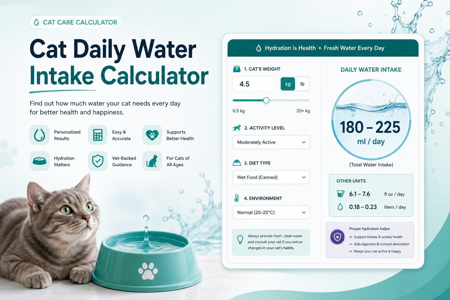 Cat Daily Water Intake Calculator