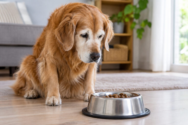 Senior golden retriever sitting beside a bowl of uneaten dog food